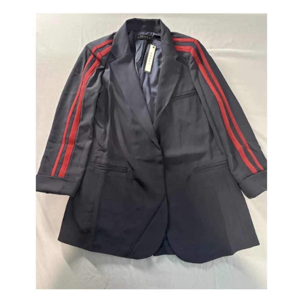 Soncy Women's Navy Lined With Red Stripe 3/4 Sleeves Satin Blazer Size 1